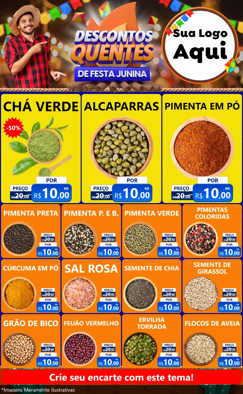 Modelo de Encarte para Encarte Grande com o tema Descontos Quentes de Festa Junina para Produtos Naturais