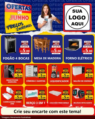 Modelo de Rede Social para Feed Instagram com o tema Ofertas de Junho - Preços Incríveis para Móveis e Eletro