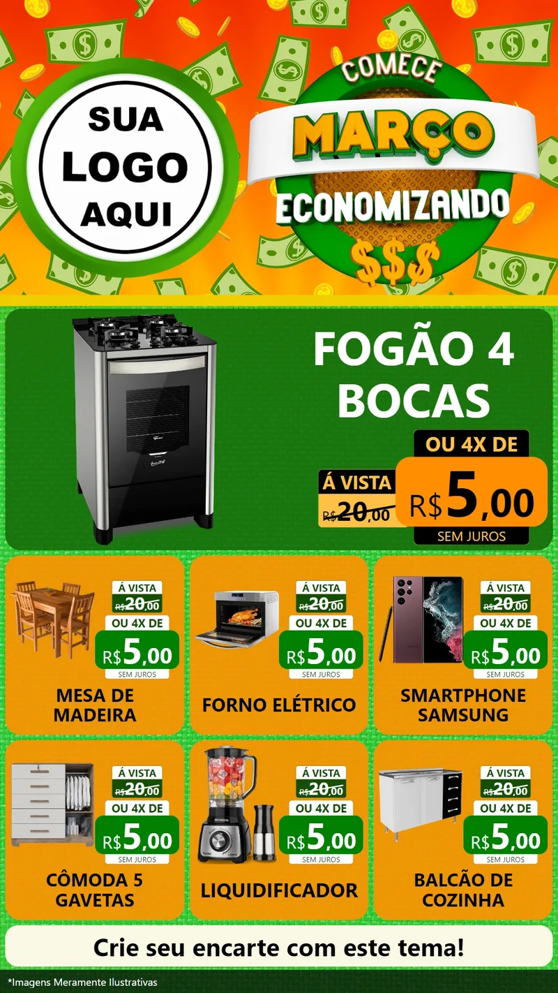 Modelo de Rede Social para Stories com o tema Comece Março Economizando para Móveis e Eletro