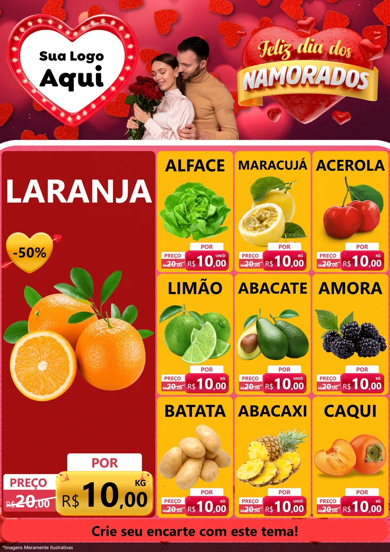 Modelo de Encarte para Encarte A4 Vertical com o tema Feliz Dia Dos Namorados para Hortifrúti