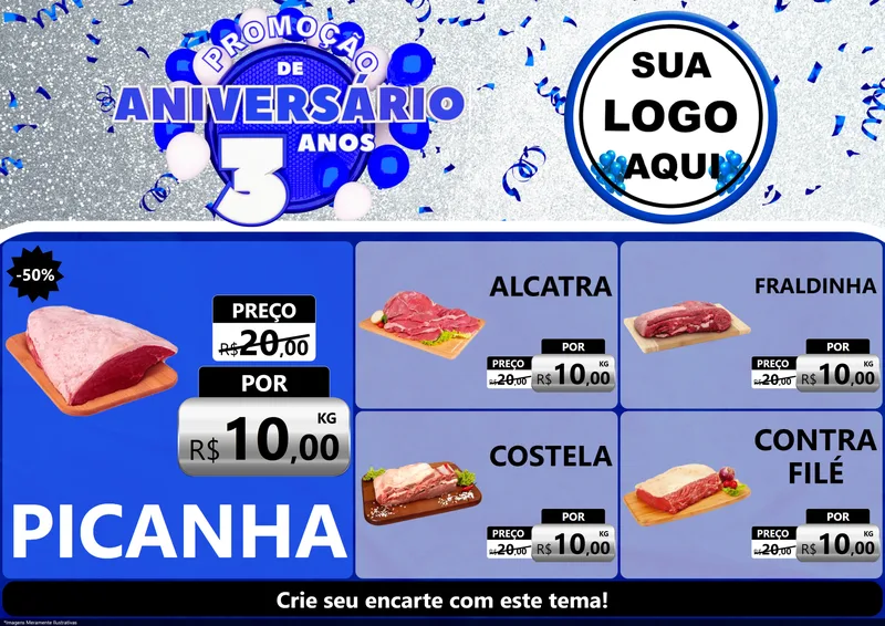Modelo de Encarte para Encarte A4 Horizontal com o tema Promoção de Aniversário - 3 Anos para Açougue