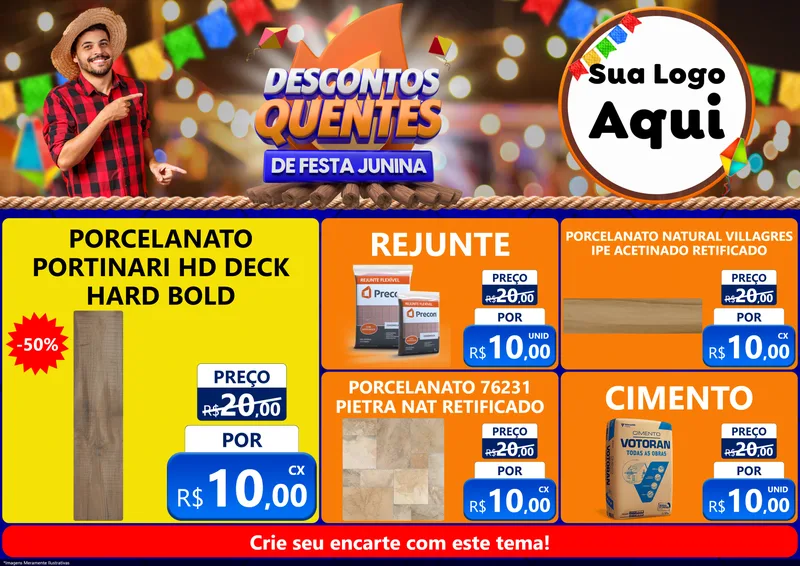 Modelo de Encarte para Encarte A4 Horizontal com o tema Descontos Quentes de Festa Junina para Pisos e revestimentos