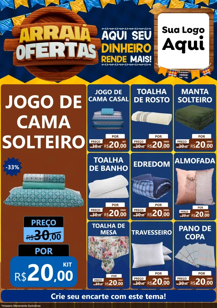 Modelo de Encarte para Encarte A4 Vertical com o tema Arraiá de Ofertas - Junina para Cama, Mesa e Banho