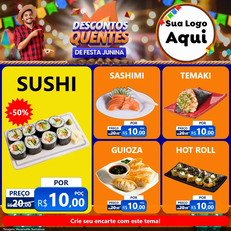 Modelo de Rede Social para Feed Facebook com o tema Descontos Quentes de Festa Junina para Comida japonesa