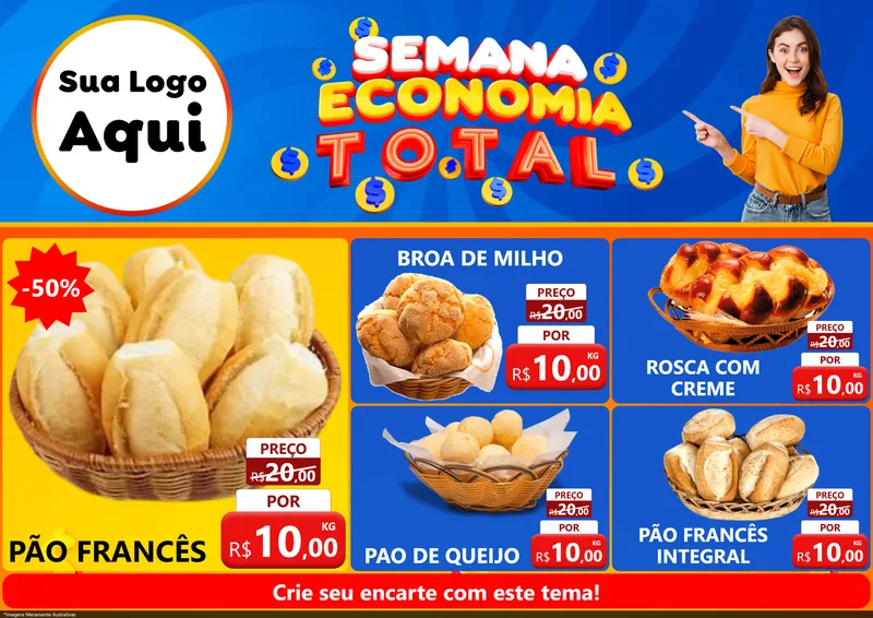 Modelo de Encarte para Encarte A4 Horizontal com o tema Semana Economia Total para Padaria