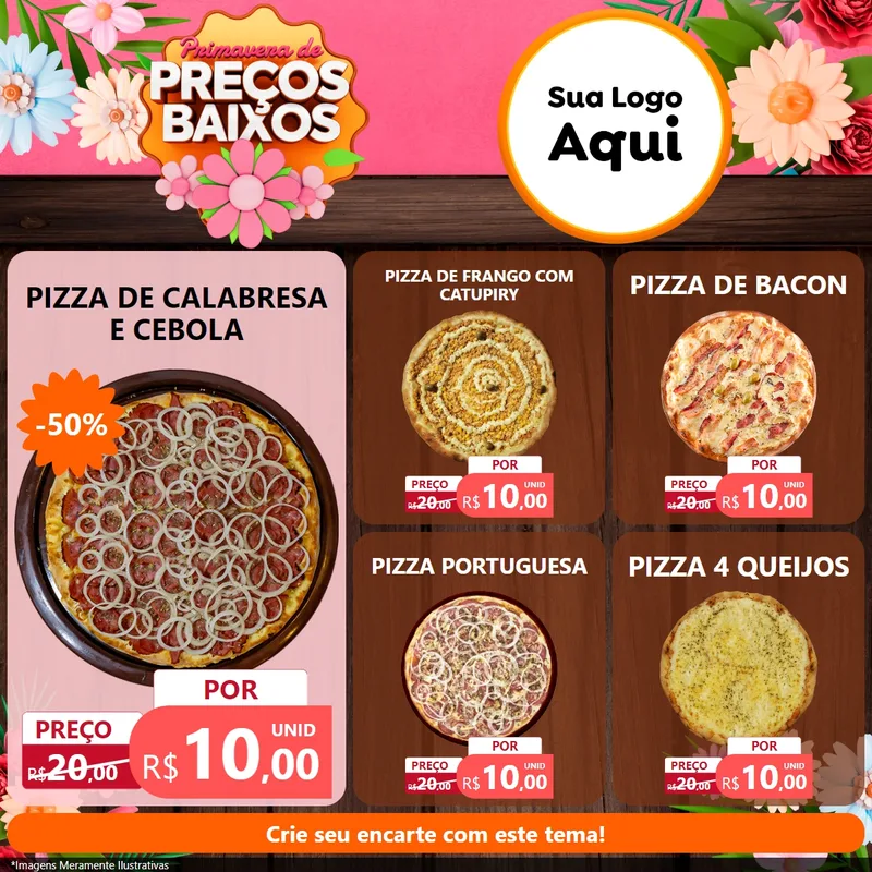 Modelo de Rede Social para Feed Facebook com o tema Primavera de Preços Baixos para Pizzaria