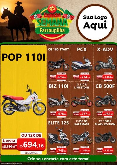 Modelo de Encarte para Encarte A4 Vertical com o tema Especial Semana Farroupilha para Concessionaria de Motos