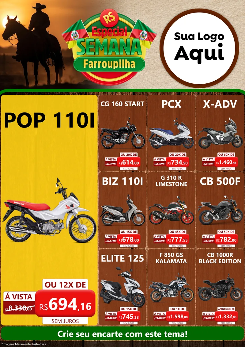 Modelo de Encarte para Encarte A4 Vertical com o tema Especial Semana Farroupilha para Concessionaria de Motos