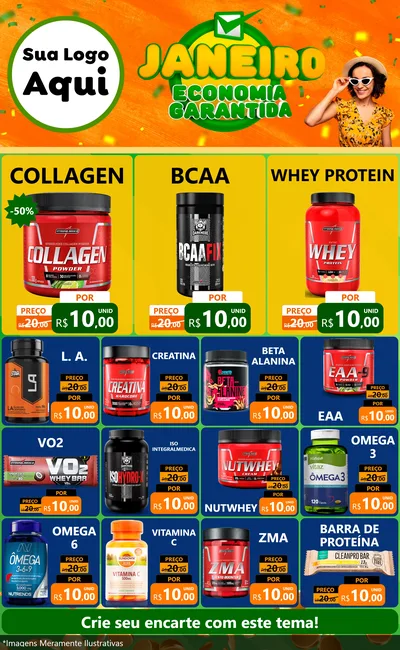 Modelo de Encarte para Encarte Grande com o tema Janeiro - Economia Garantida para Suplementos alimentares