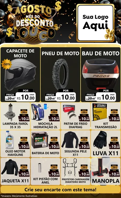 Modelo de Encarte para Encarte Grande com o tema Agosto Mês do Desconto Louco para Moto peças