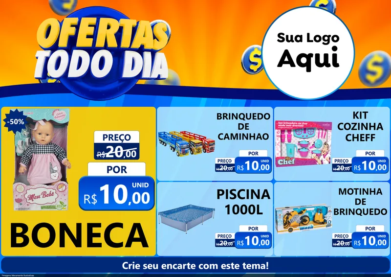 Modelo de Encarte para Encarte A4 Horizontal com o tema Ofertas Todo Dia para Brinquedos