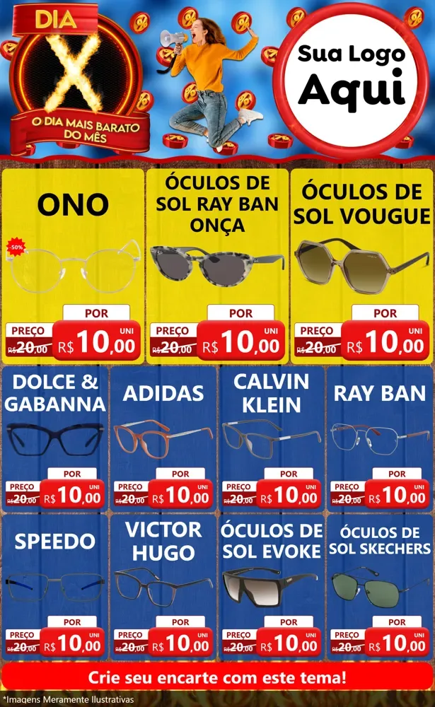 Modelo de Encarte para Encarte Grande com o tema Dia X - O Dia Mais Barato Do Mês para Óticas