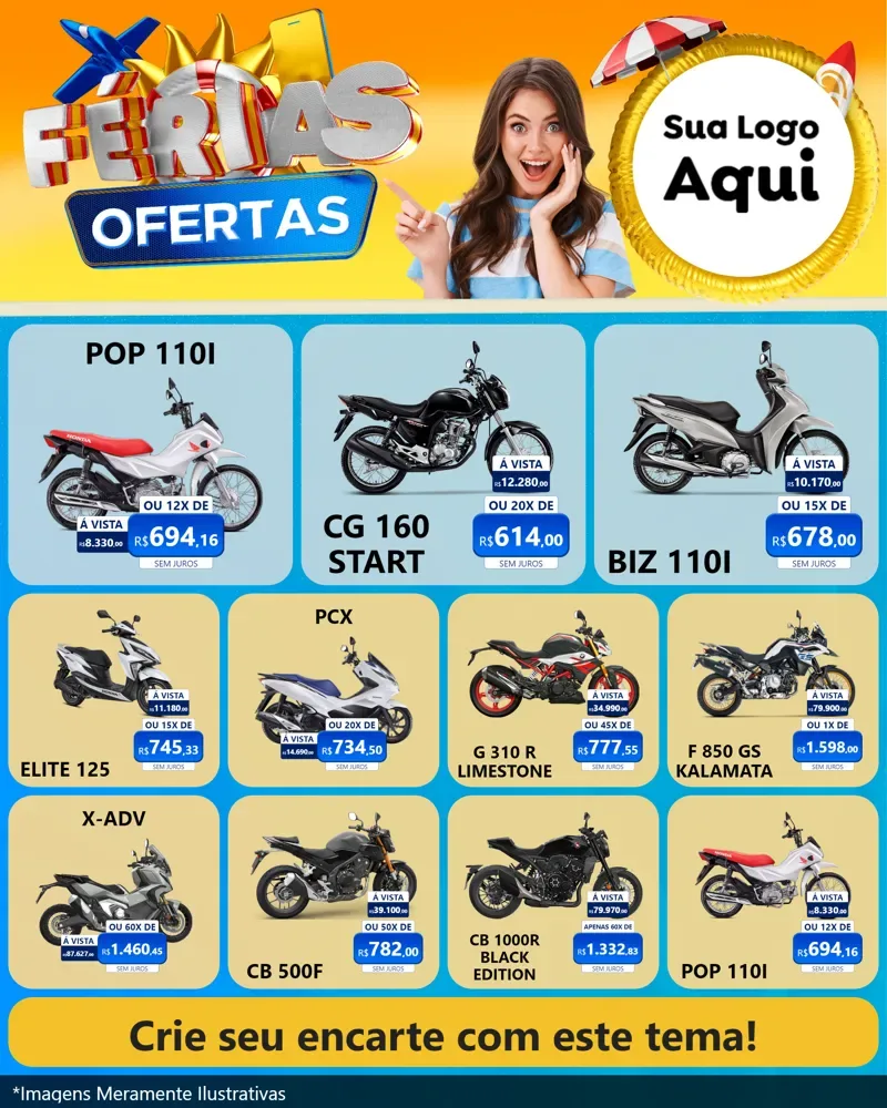 Modelo de Rede Social para Feed Instagram com o tema Ofertas - Férias para Concessionaria de Motos
