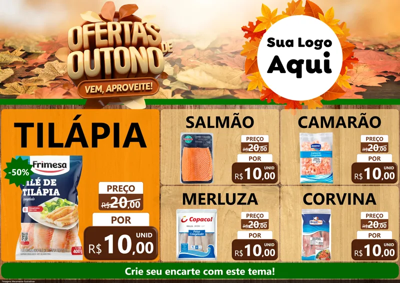 Modelo de Encarte para Encarte A4 Horizontal com o tema Ofertas de Outono - Vem, Aproveite! para Peixaria