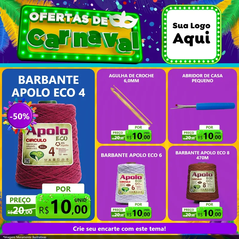 Modelo de Rede Social para Feed Facebook com o tema Ofertas de Carnaval para Armarinho e Aviamentos