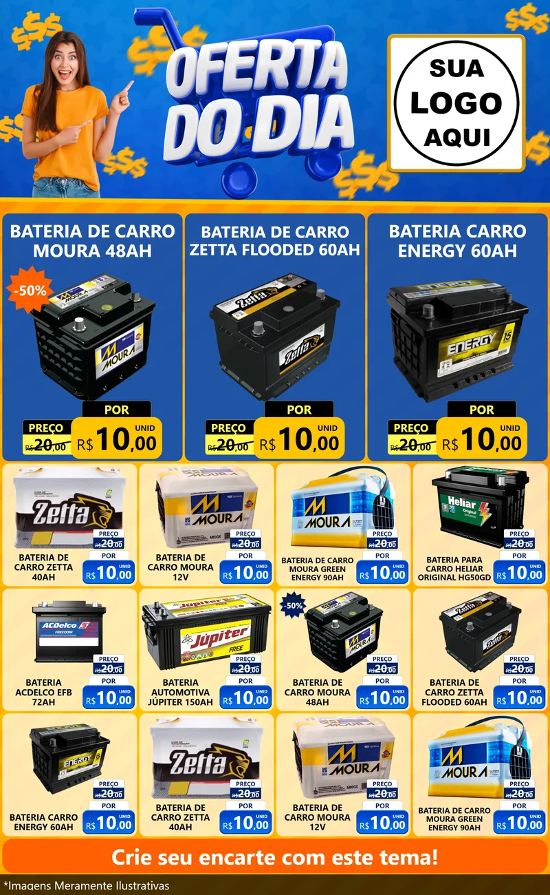 Modelo de Encarte para Encarte Grande com o tema Oferta do Dia para Baterias Elétricas