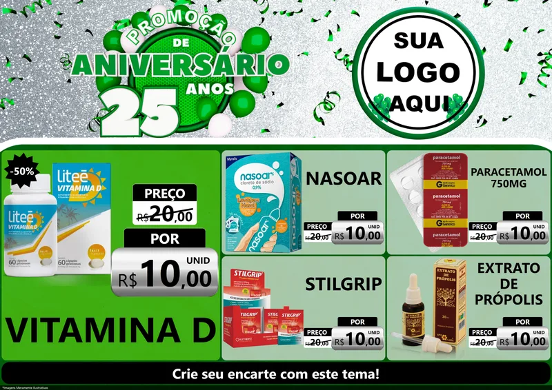 Modelo de Encarte para Encarte A4 Horizontal com o tema Promoção de Aniversário - 25 Anos para Farmácia
