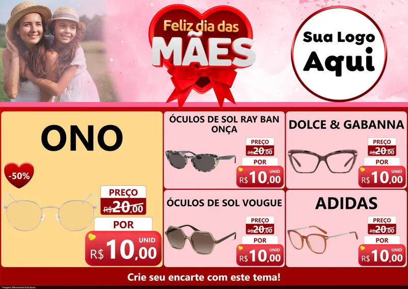 Modelo de Encarte para Encarte A4 Horizontal com o tema Feliz Dia Das Mães para Óticas