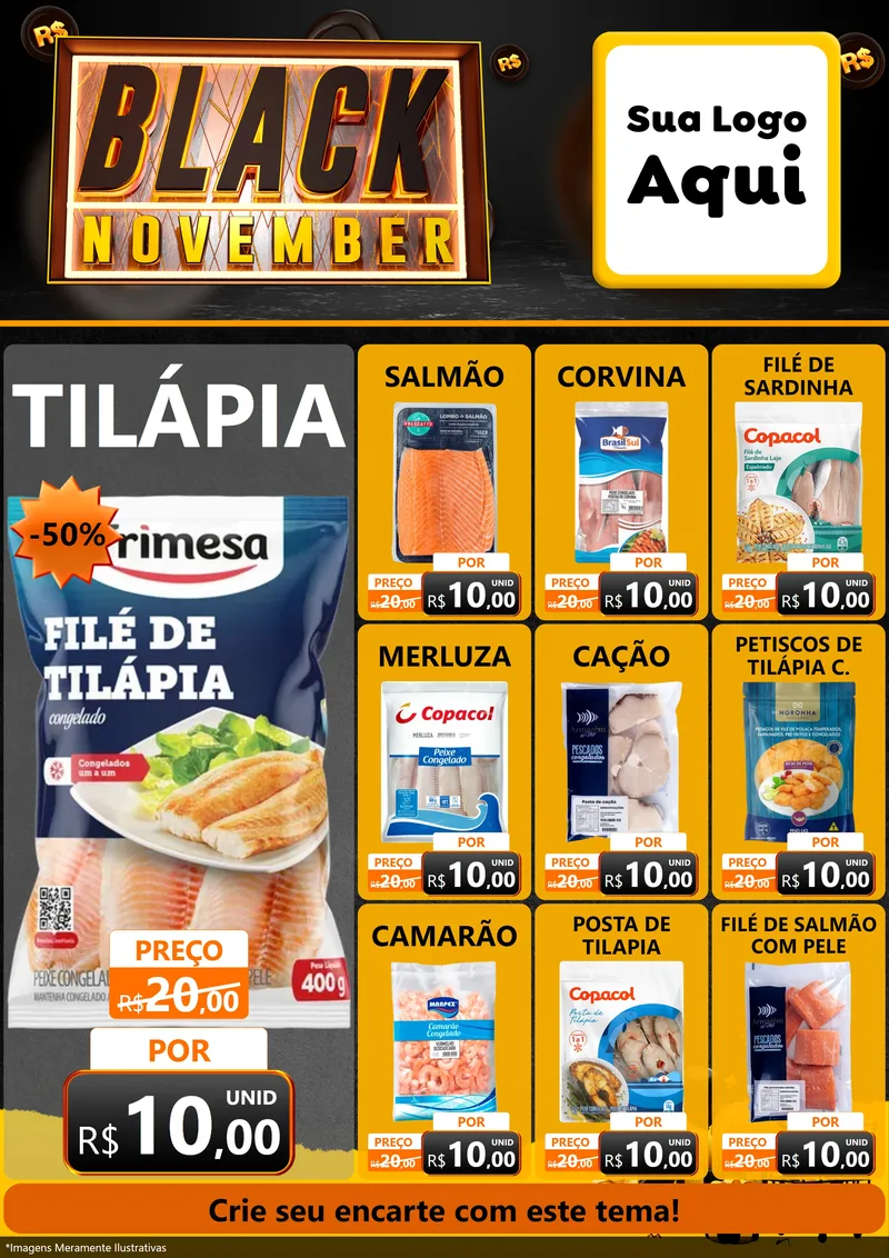 Modelo de Encarte para Encarte A4 Vertical com o tema Black November para Peixaria