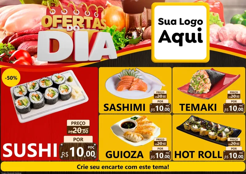 Modelo de Encarte para Encarte A4 Horizontal com o tema Ofertas do Dia para Comida japonesa