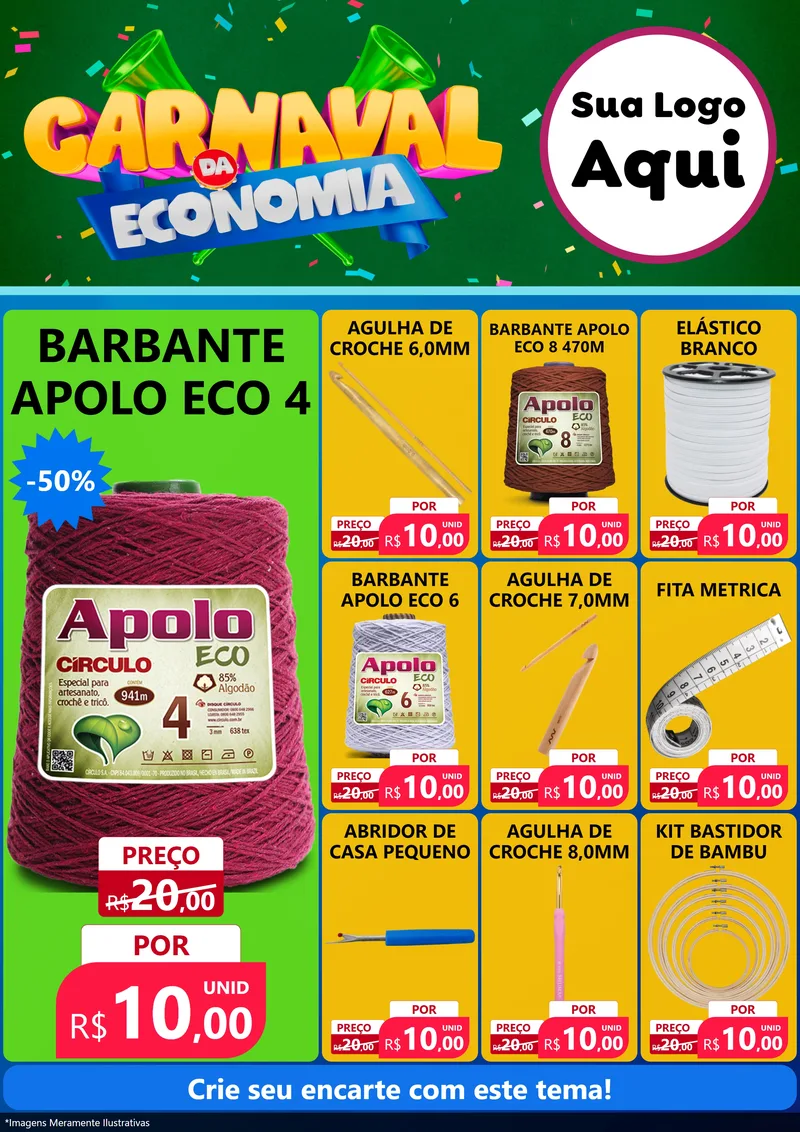 Modelo de Encarte para Encarte A4 Vertical com o tema Carnaval da Economia para Armarinho e Aviamentos