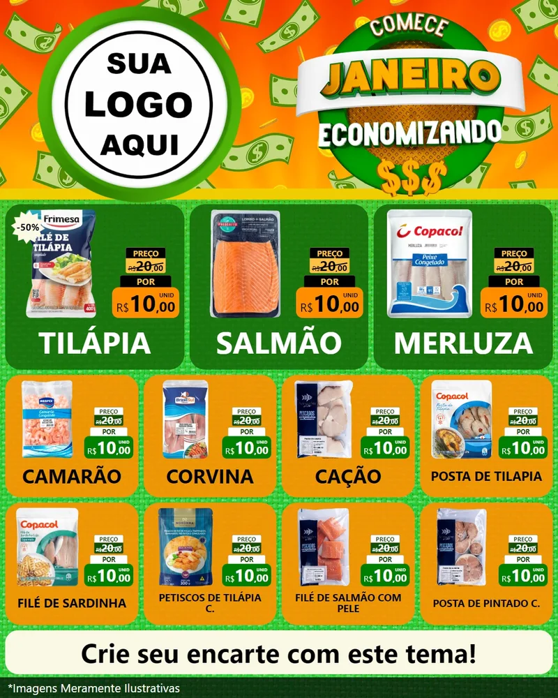 Modelo de Rede Social para Feed Instagram com o tema Comece Janeiro Economizando para Peixaria