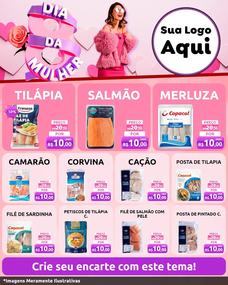 Modelo de Rede Social para Feed Instagram com o tema Dia da Mulher para Peixaria