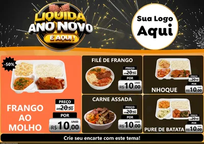 Modelo de Encarte para Encarte A4 Horizontal com o tema Liquida Ano Novo É Aqui! para Restaurante