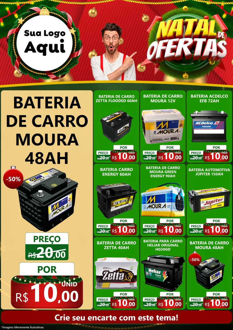 Modelo de Encarte para Encarte A4 Vertical com o tema Natal de Ofertas para Baterias Elétricas