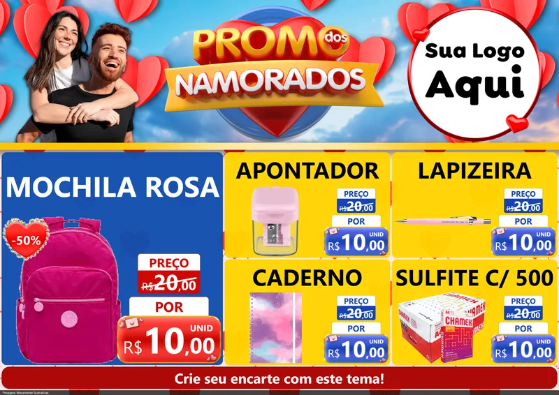 Modelo de Encarte para Encarte A4 Horizontal com o tema Promo dos Namorados para Papelaria