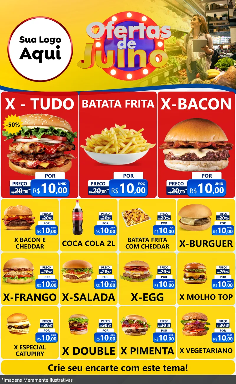Modelo de Encarte para Encarte Grande com o tema Ofertas de Julho para Hamburgueria