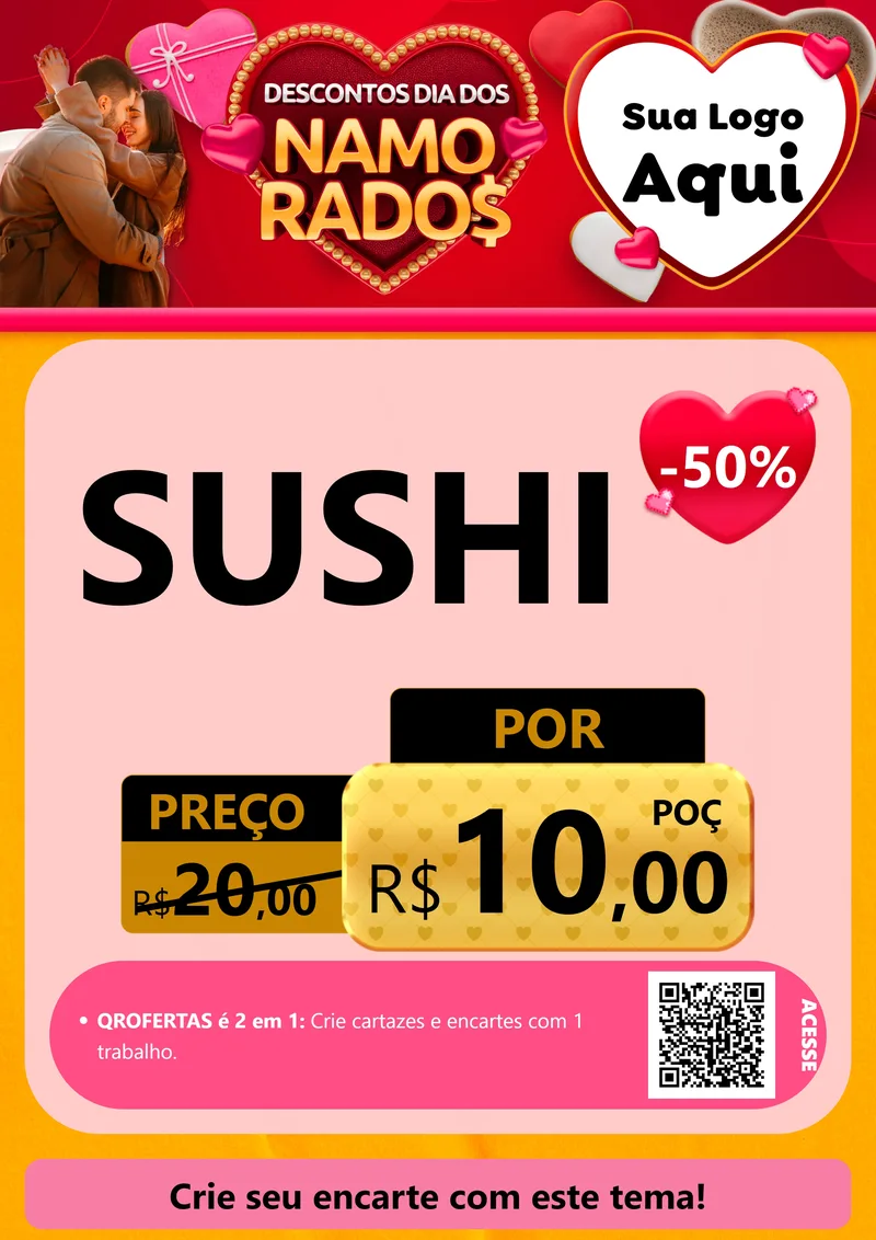 Modelo de Cartaz para Cartaz A4 Vertical com o tema Descontos Dia dos Namorados para Comida japonesa