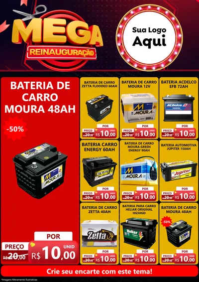 Modelo de Encarte para Encarte A4 Vertical com o tema Mega Reinauguração para Baterias Elétricas