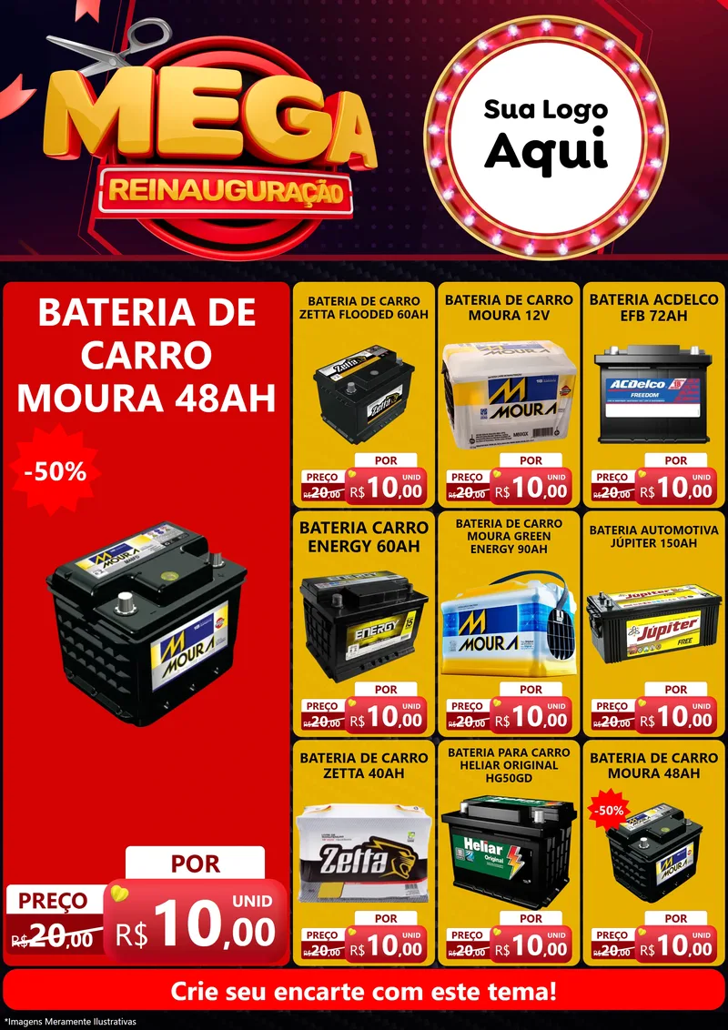 Modelo de Encarte para Encarte A4 Vertical com o tema Mega Reinauguração para Baterias Elétricas