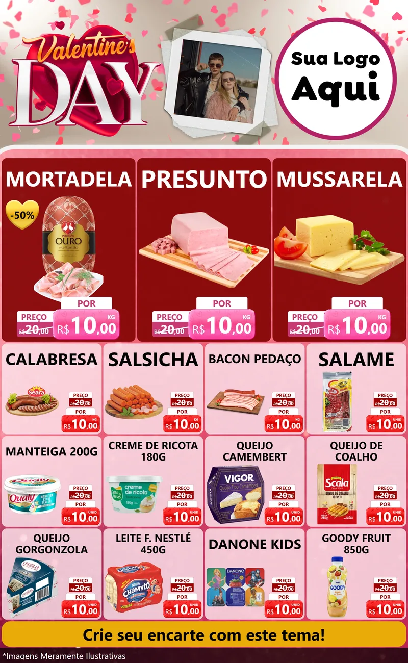 Modelo de Encarte para Encarte Grande com o tema Valentine's Day para Frios e Laticínios