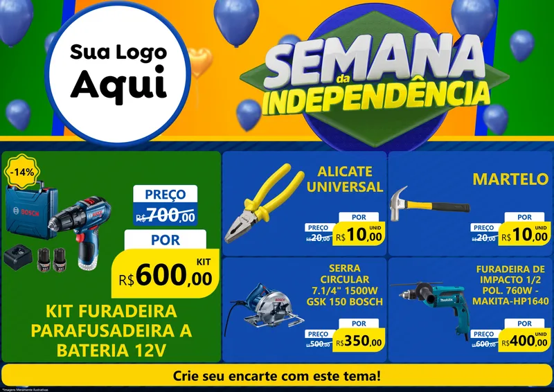 Modelo de Encarte para Encarte A4 Horizontal com o tema Semana da Independência para Maquinas e Ferramentas