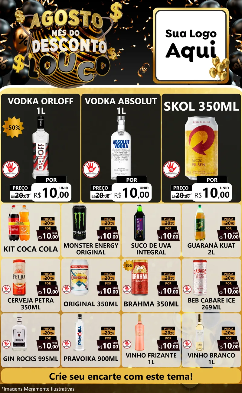 Modelo de Encarte para Encarte Grande com o tema Agosto Mês do Desconto Louco para Distribuidora de bebidas