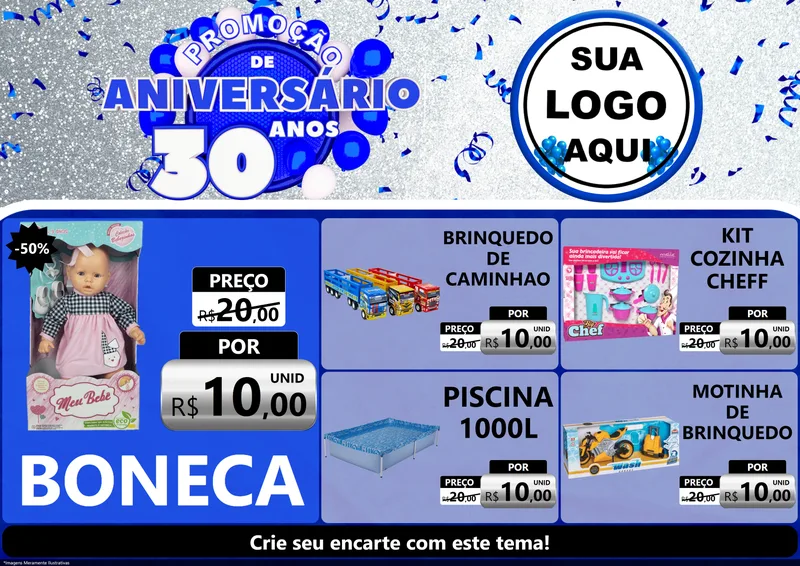 Modelo de Encarte para Encarte A4 Horizontal com o tema Promoção de Aniversário - 30 Anos para Brinquedos
