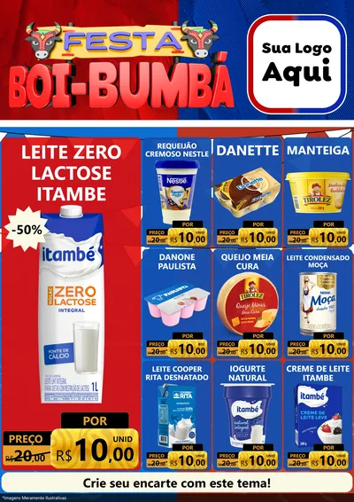 Modelo de Encarte para Encarte A4 Vertical com o tema Festa Boi Bumbá para Frios e Laticínios