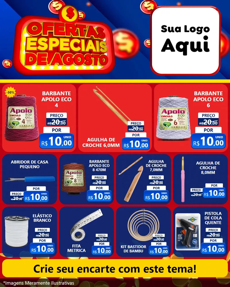 Modelo de Rede Social para Feed Instagram com o tema Ofertas Especiais de Agosto para Armarinho e Aviamentos