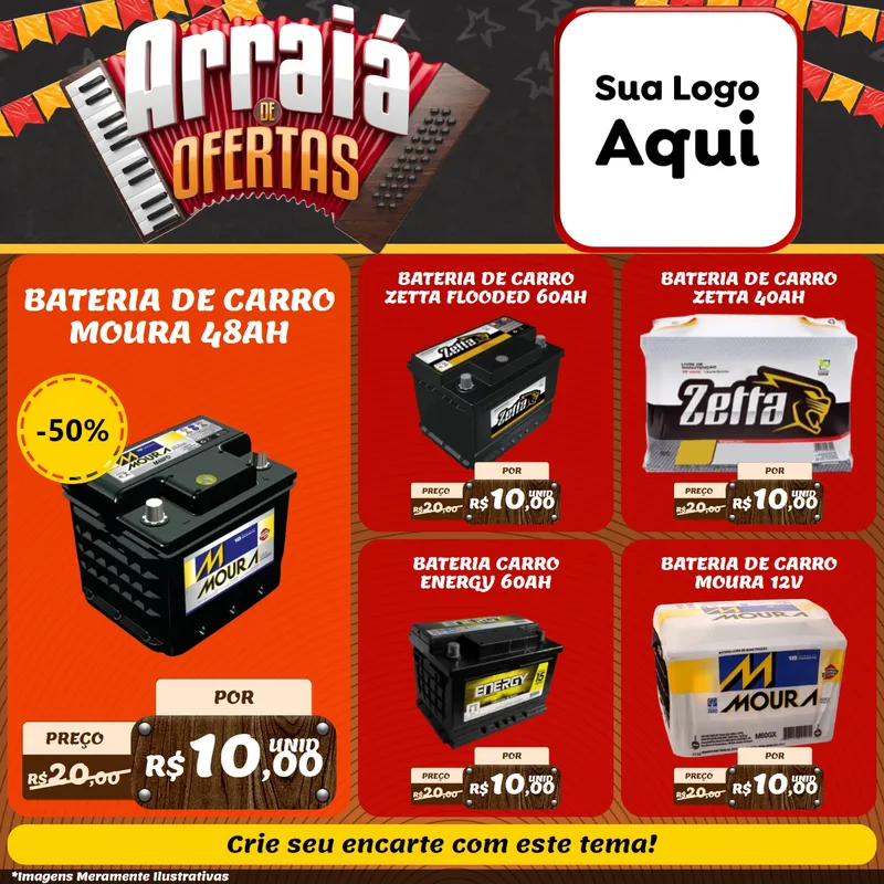 Modelo de Rede Social para Feed Facebook com o tema Arraiá de Ofertas - Junina para Baterias Elétricas