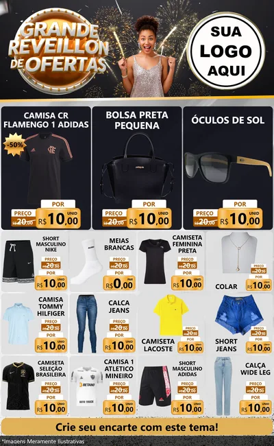 Modelo de Encarte para Encarte Grande com o tema Grande Réveillon de Ofertas para Roupas e acessórios