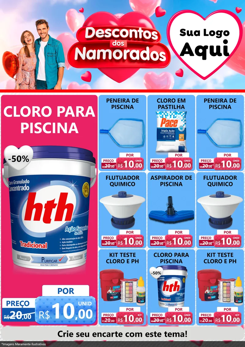 Modelo de Encarte para Encarte A4 Vertical com o tema Descontos dos Namorados para Produtos para Piscina