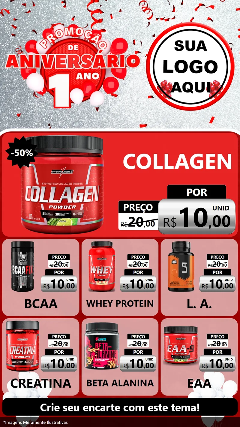 Modelo de Rede Social para Stories com o tema Promoção de Aniversário - 1 Ano para Suplementos alimentares