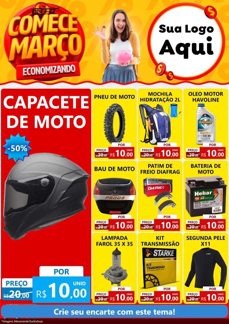 Modelo de Encarte para Encarte A4 Vertical com o tema Comece Março Economizando para Moto peças