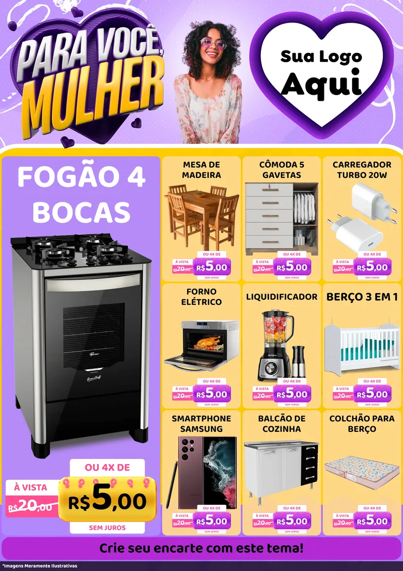Modelo de Encarte para Encarte A4 Vertical com o tema Para Você, Mulher para Móveis e Eletro
