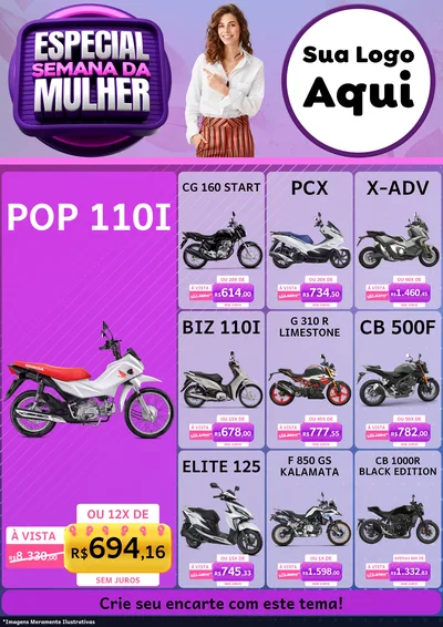 Modelo de Encarte para Encarte A4 Vertical com o tema Especial Semana da Mulher para Concessionaria de Motos