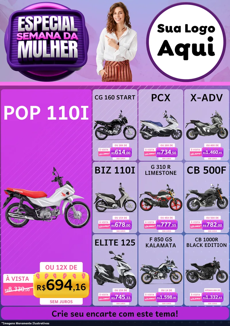 Modelo de Encarte para Encarte A4 Vertical com o tema Especial Semana da Mulher para Concessionaria de Motos