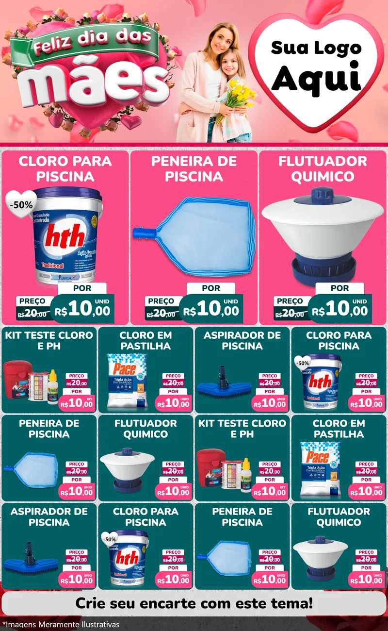 Modelo de Encarte para Encarte Grande com o tema Feliz Dia das Mães para Produtos para Piscina