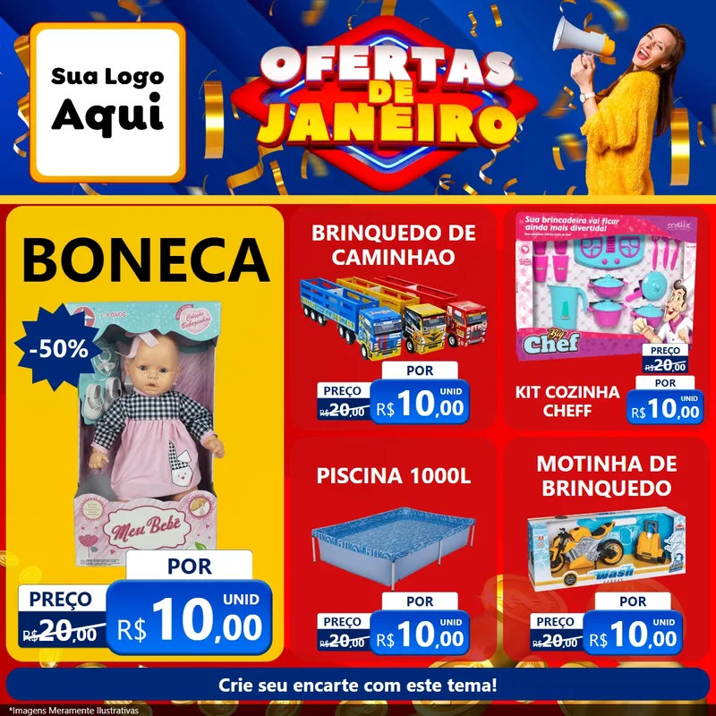 Modelo de Rede Social para Feed Facebook com o tema Ofertas de Janeiro para Brinquedos